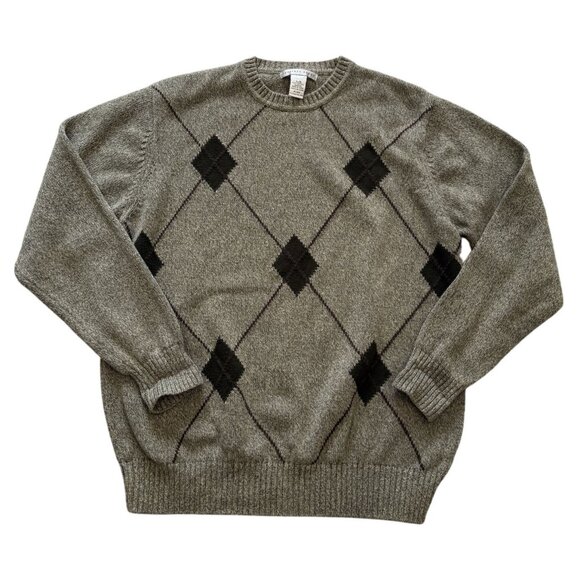 Geoffrey Beene Gray Argyle Sweater L 100% Cotton Crew Neck Grandpa Preppy Mens - Picture 1 of 6